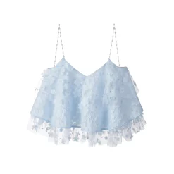 Three Quarters Cutting Flower Pearl Chain Sling Top Blue