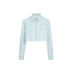 Three Quarters Embroidery Cropped Denim Shirt Blue