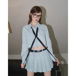 Three Quarters Embroidery Cropped Denim Shirt Blue