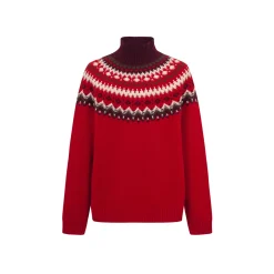 Three Quarters Fair Isle Jacquard Color Contrast High Collar Sweater Red