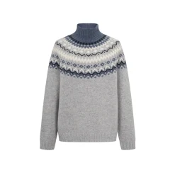 Three Quarters Fair Isle Jacquard Color Contrast High Collar Sweater Gray