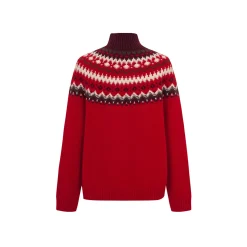 Three Quarters Fair Isle Jacquard Color Contrast High Collar Sweater Red