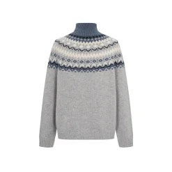 Three Quarters Fair Isle Jacquard Color Contrast High Collar Sweater Gray