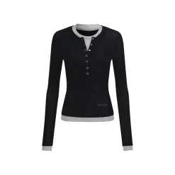 Three Quarters Fake-2-Piece Wool Knit Base Top Black