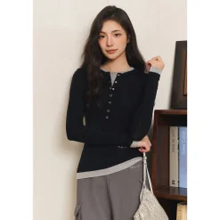 Three Quarters Fake-2-Piece Wool Knit Base Top Black