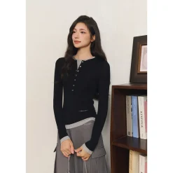 Three Quarters Fake-2-Piece Wool Knit Base Top Black