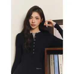 Three Quarters Fake-2-Piece Wool Knit Base Top Black