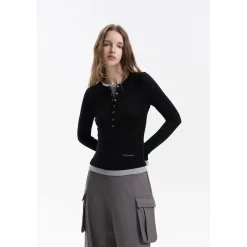 Three Quarters Fake-2-Piece Wool Knit Base Top Black