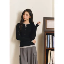 Three Quarters Fake-2-Piece Wool Knit Base Top Black