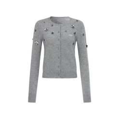 Three Quarters Heavy Sequin Flower Wool Cardigan Gray