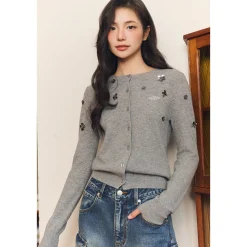 Three Quarters Heavy Sequin Flower Wool Cardigan Gray