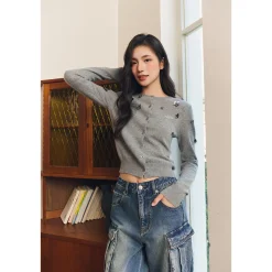 Three Quarters Heavy Sequin Flower Wool Cardigan Gray