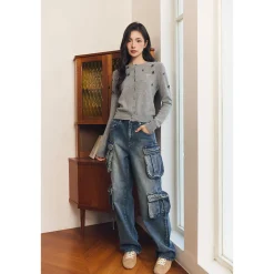 Three Quarters Heavy Sequin Flower Wool Cardigan Gray