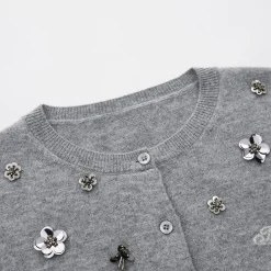 Three Quarters Heavy Sequin Flower Wool Cardigan Gray