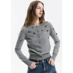 Three Quarters Heavy Sequin Flower Wool Cardigan Gray