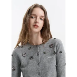 Three Quarters Heavy Sequin Flower Wool Cardigan Gray