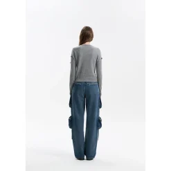 Three Quarters Heavy Sequin Flower Wool Cardigan Gray