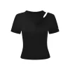 Three Quarters Hollow Out Strech Tee Black