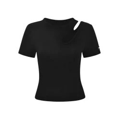 Three Quarters Hollow Out Strech Tee Black