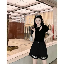 Three Quarters Hollow Out Strech Tee Black