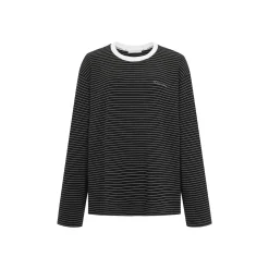 Three Quarters Hotfix Logo Striped Mousse Cashmere L/S Tee Black