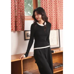 Three Quarters Hotfix Logo Fake-2-Piece Mousse Cashmere Top Black