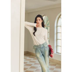 Three Quarters Hotfix Logo Tencel Wool Top White