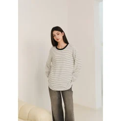 Three Quarters Hotfix Logo Striped Mousse Cashmere L/S Tee White