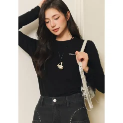 Three Quarters Hotfix Logo Tencel Wool Top Black