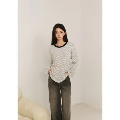 Three Quarters Hotfix Logo Striped Mousse Cashmere L/S Tee White
