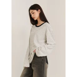 Three Quarters Hotfix Logo Striped Mousse Cashmere L/S Tee White