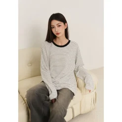 Three Quarters Hotfix Logo Striped Mousse Cashmere L/S Tee White