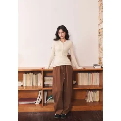 Three Quarters Hotfix Logo Henry Collar Slim Top Beige