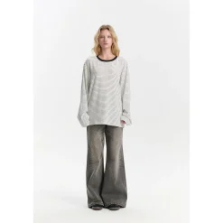 Three Quarters Hotfix Logo Striped Mousse Cashmere L/S Tee White