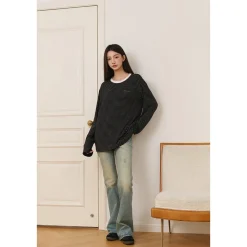 Three Quarters Hotfix Logo Striped Mousse Cashmere L/S Tee Black