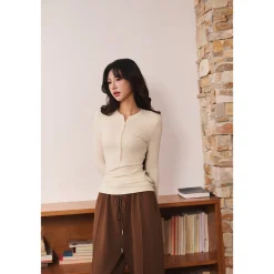 Three Quarters Hotfix Logo Henry Collar Slim Top Beige