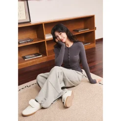 Three Quarters Hotfix Logo Henry Collar Slim Top Gray