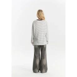Three Quarters Hotfix Logo Striped Mousse Cashmere L/S Tee White