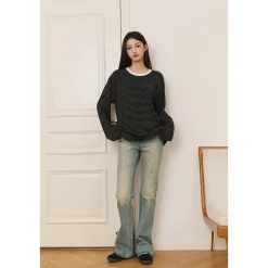 Three Quarters Hotfix Logo Striped Mousse Cashmere L/S Tee Black