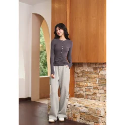 Three Quarters Hotfix Logo Henry Collar Slim Top Gray