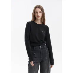 Three Quarters Hotfix Logo Tencel Wool Top Black