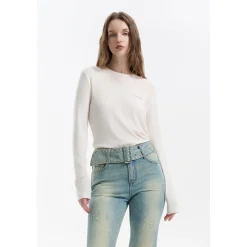 Three Quarters Hotfix Logo Tencel Wool Top White