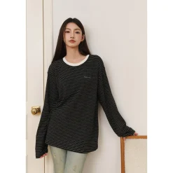 Three Quarters Hotfix Logo Striped Mousse Cashmere L/S Tee Black