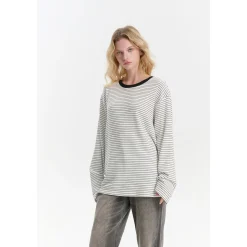 Three Quarters Hotfix Logo Striped Mousse Cashmere L/S Tee White