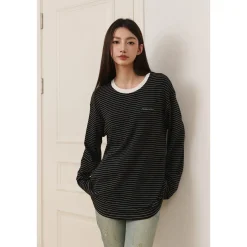 Three Quarters Hotfix Logo Striped Mousse Cashmere L/S Tee Black