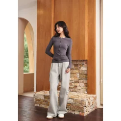 Three Quarters Hotfix Logo Henry Collar Slim Top Gray