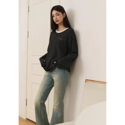Three Quarters Hotfix Logo Striped Mousse Cashmere L/S Tee Black