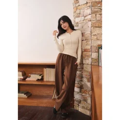 Three Quarters Hotfix Logo Henry Collar Slim Top Beige