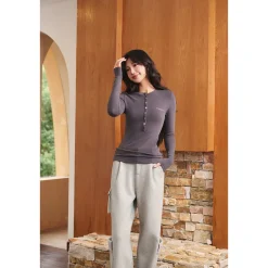 Three Quarters Hotfix Logo Henry Collar Slim Top Gray