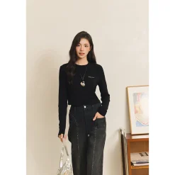 Three Quarters Hotfix Logo Tencel Wool Top Black